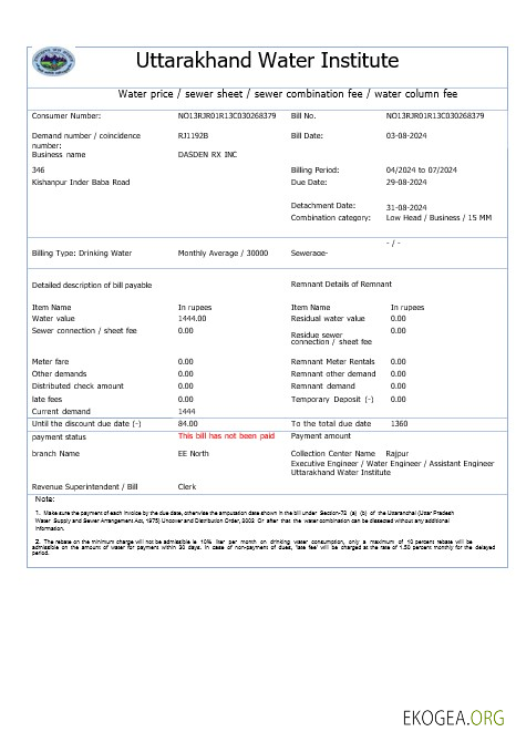 Modèle Word et PDF de facture de services publics de l'INDE UTTARAKHAND WATER